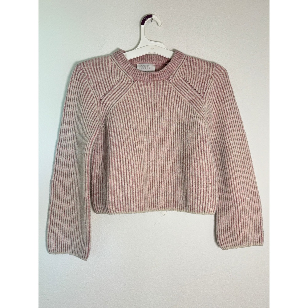 Zara Girls Pink Cream Ribbed Knit Striped Sweater Crew Neck Size 11-12 152cm